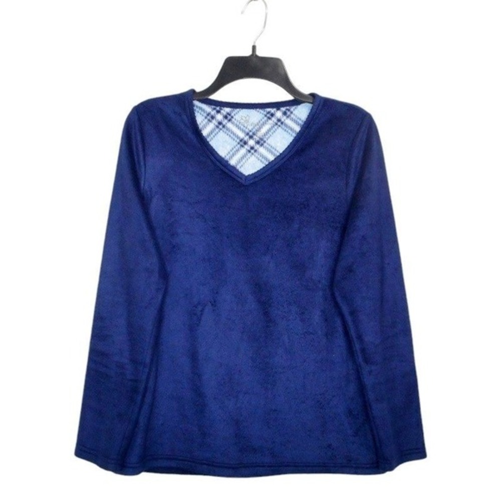 Croft Barrow Womens Pajama Lounge Top Size XS Blue V-Neck‎ Long Sleeve Faux Fur